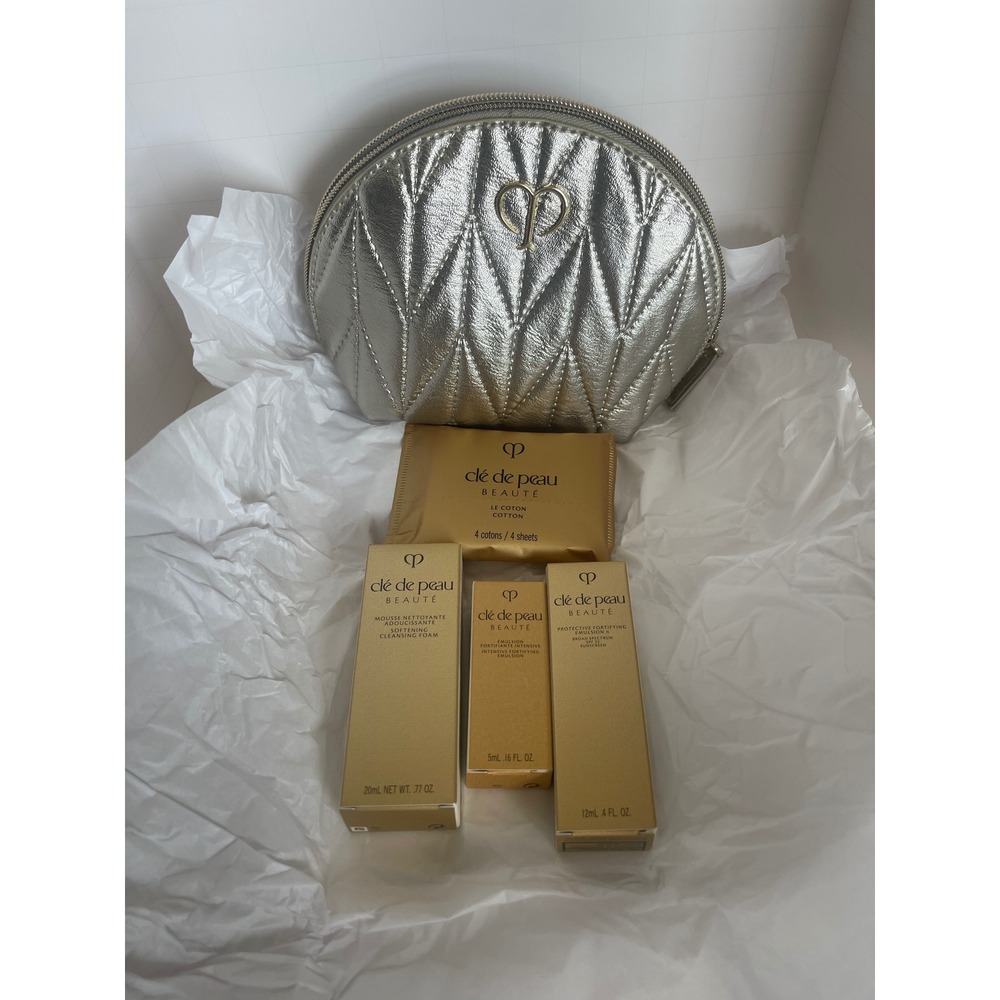 NEW Cle de Peau Beaute 4 Pc Skincare Gift Set Silver Cosmetic Bag GWP Sealed